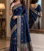 Blue soft silk blend banarasi jacuard work festive saree with unstitched blouse piece