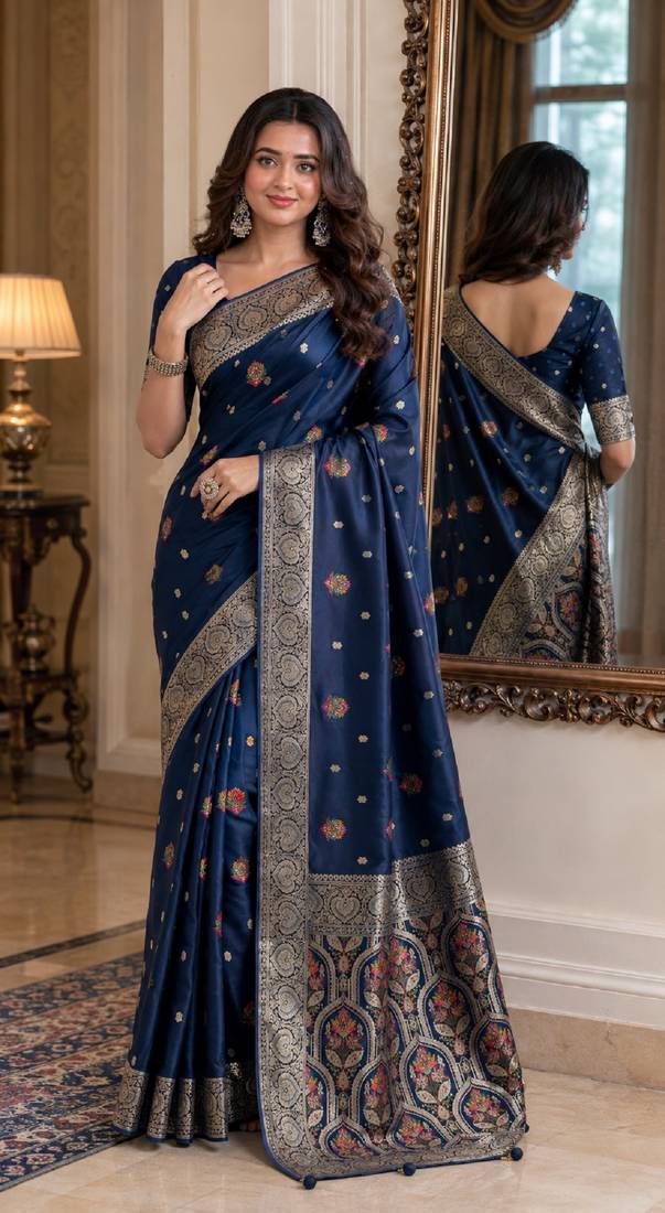 Blue soft silk blend banarasi jacuard work festive saree with unstitched blouse piece