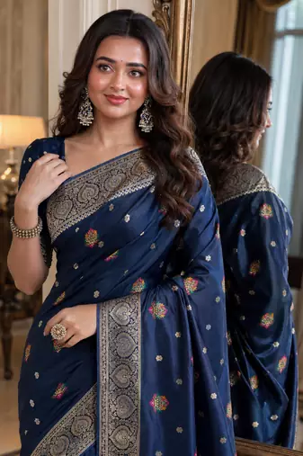Blue soft silk blend banarasi jacuard work festive saree with unstitched blouse piece