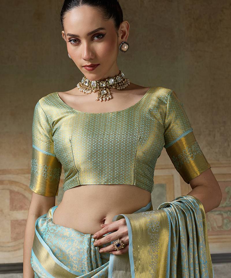 sky blue smart heavy kanchivaram silk blend rich looks graceful saree