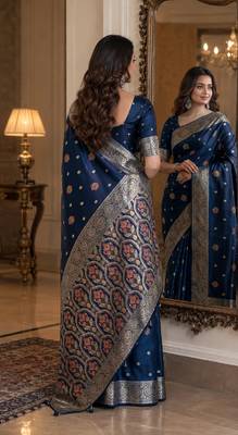 Blue soft silk blend banarasi jacuard work festive saree with unstitched blouse piece 3