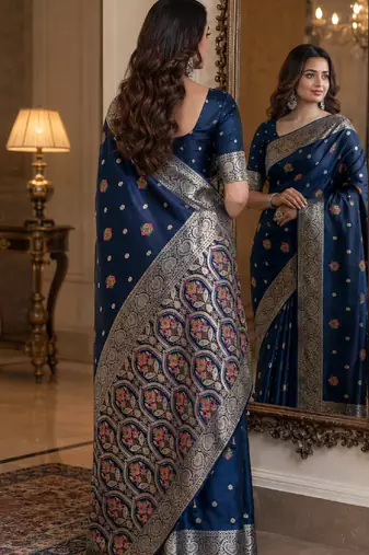 Blue soft silk blend banarasi jacuard work festive saree with unstitched blouse piece