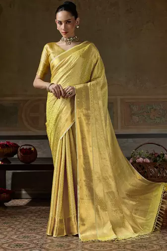 yellow smart heavy kanchivaram silk blend rich looks graceful saree