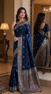 Blue soft silk blend banarasi jacuard work festive saree with unstitched blouse piece 4