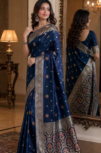 Blue soft silk blend banarasi jacuard work festive saree with unstitched blouse piece