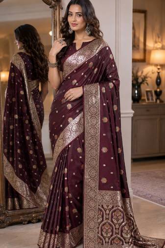 Maroon soft silk blend banarasi jacuard work festive saree with unstitched blouse piece
