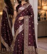Maroon soft silk blend banarasi jacuard work festive saree with unstitched blouse piece