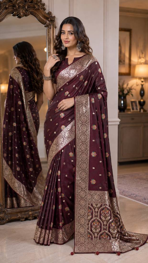 Maroon soft silk blend banarasi jacuard work festive saree with unstitched blouse piece