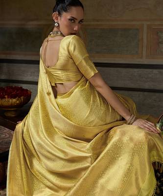 yellow smart heavy kanchivaram silk blend rich looks graceful saree 3