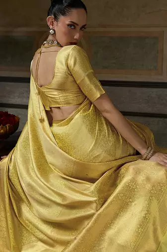 yellow smart heavy kanchivaram silk blend rich looks graceful saree