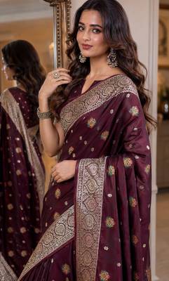 Maroon soft silk blend banarasi jacuard work festive saree with unstitched blouse piece 2