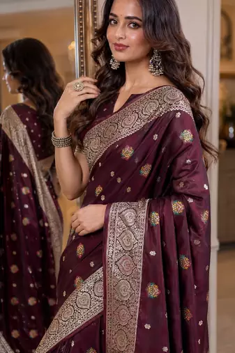 Maroon soft silk blend banarasi jacuard work festive saree with unstitched blouse piece