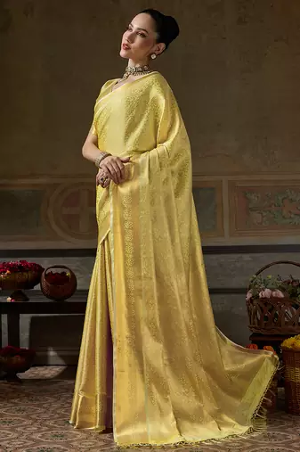 yellow smart heavy kanchivaram silk blend rich looks graceful saree