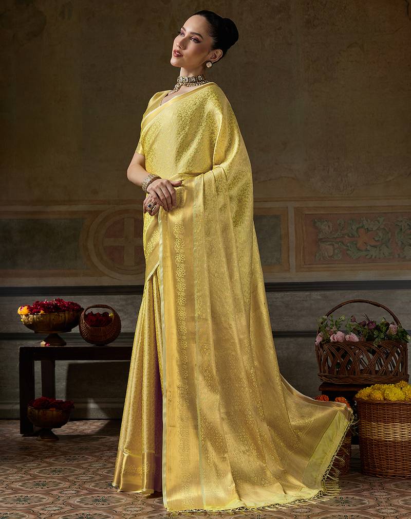yellow smart heavy kanchivaram silk blend rich looks graceful saree