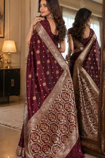 Maroon soft silk blend banarasi jacuard work festive saree with unstitched blouse piece