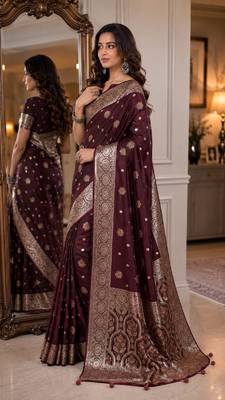 Maroon soft silk blend banarasi jacuard work festive saree with unstitched blouse piece 4