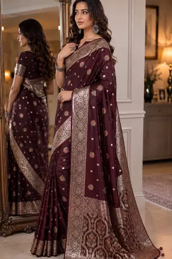 Maroon soft silk blend banarasi jacuard work festive saree with unstitched blouse piece