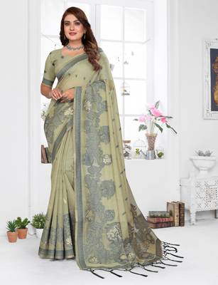 green spun cotton blend woven designer ethnic traditional saree 1