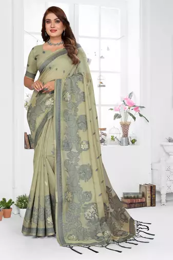 green spun cotton blend woven designer ethnic traditional saree