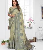 green spun cotton blend woven designer ethnic traditional saree