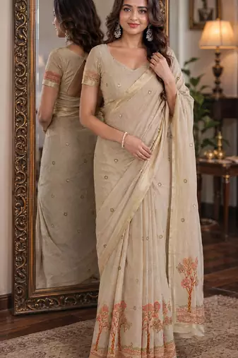 Off white pink soft silk blend banarasi jacuard work festive saree with unstitched blouse piece