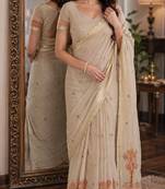 Off white pink soft silk blend banarasi jacuard work festive saree with unstitched blouse piece