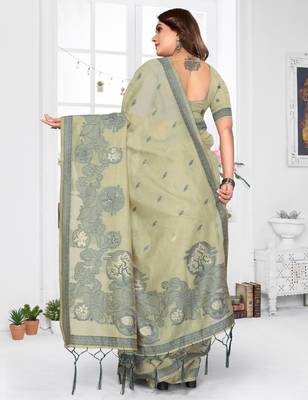 green spun cotton blend woven designer ethnic traditional saree 2