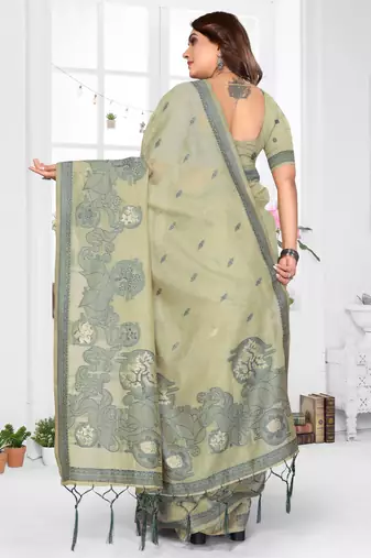 green spun cotton blend woven designer ethnic traditional saree