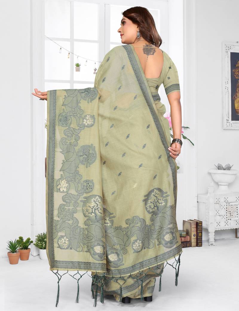 green spun cotton blend woven designer ethnic traditional saree