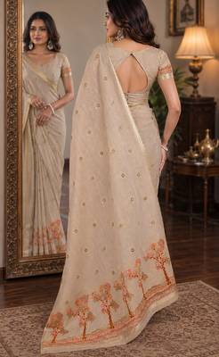 Off white pink soft silk blend banarasi jacuard work festive saree with unstitched blouse piece 3