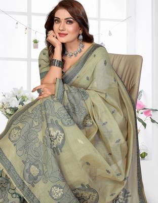 green spun cotton blend woven designer ethnic traditional saree 3