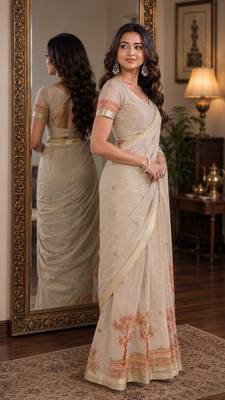 Off white pink soft silk blend banarasi jacuard work festive saree with unstitched blouse piece 4