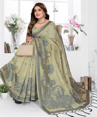 green spun cotton blend woven designer ethnic traditional saree 4