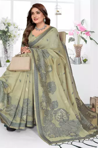 green spun cotton blend woven designer ethnic traditional saree