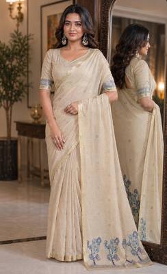 Off white rama soft silk blend banarasi jacuard work festive saree with unstitched blouse piece 1