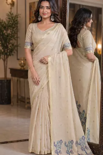 Off white rama soft silk blend banarasi jacuard work festive saree with unstitched blouse piece