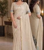 Off white rama soft silk blend banarasi jacuard work festive saree with unstitched blouse piece