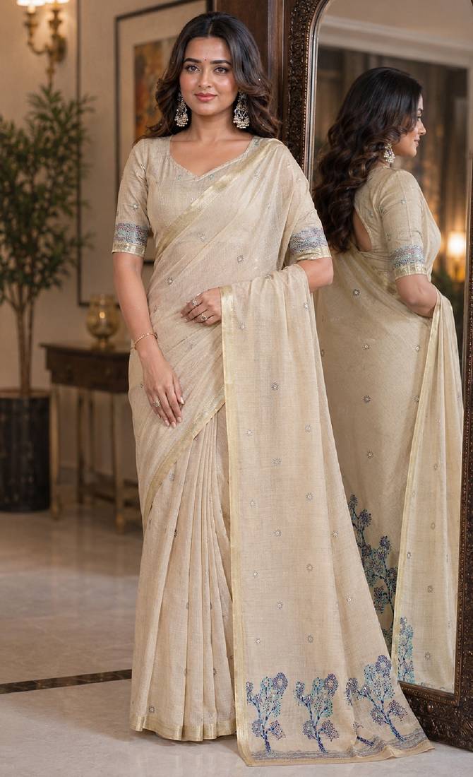 Off white rama soft silk blend banarasi jacuard work festive saree with unstitched blouse piece