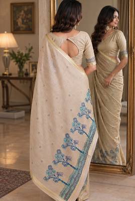 Off white rama soft silk blend banarasi jacuard work festive saree with unstitched blouse piece 3