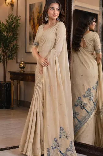 Off white rama soft silk blend banarasi jacuard work festive saree with unstitched blouse piece