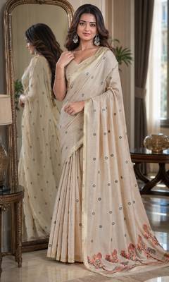 Off white red soft silk blend banarasi jacuard work festive saree with unstitched blouse piece 1
