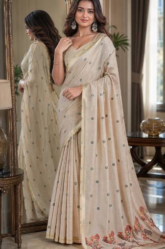 Off white red soft silk blend banarasi jacuard work festive saree with unstitched blouse piece