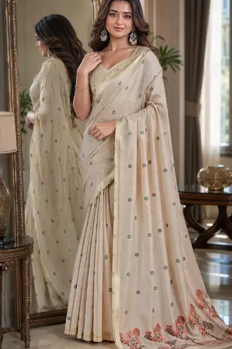 Off white red soft silk blend banarasi jacuard work festive saree with unstitched blouse piece