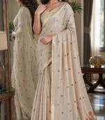 Off white red soft silk blend banarasi jacuard work festive saree with unstitched blouse piece
