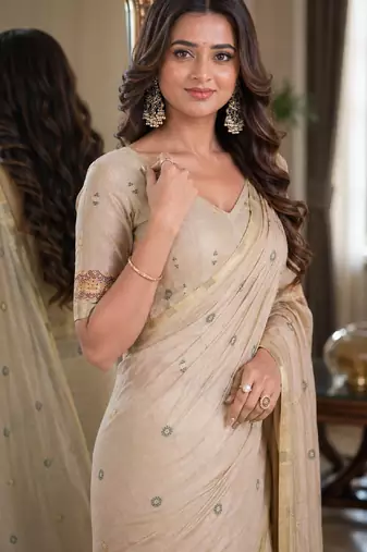 Off white red soft silk blend banarasi jacuard work festive saree with unstitched blouse piece