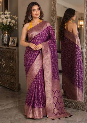 Wine soft silk blend banarasi jacuard work festive saree with unstitched blouse piece 2