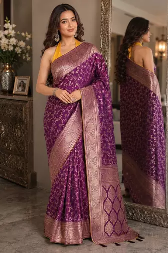 Wine soft silk blend banarasi jacuard work festive saree with unstitched blouse piece