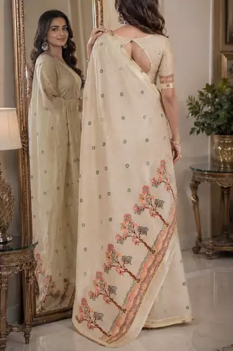 Off white red soft silk blend banarasi jacuard work festive saree with unstitched blouse piece