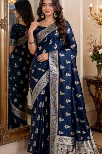 Blue soft silk blend banarasi jacuard work festive saree with unstitched blouse piece