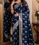 Blue soft silk blend banarasi jacuard work festive saree with unstitched blouse piece